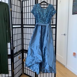 New blue sequined dress with train
